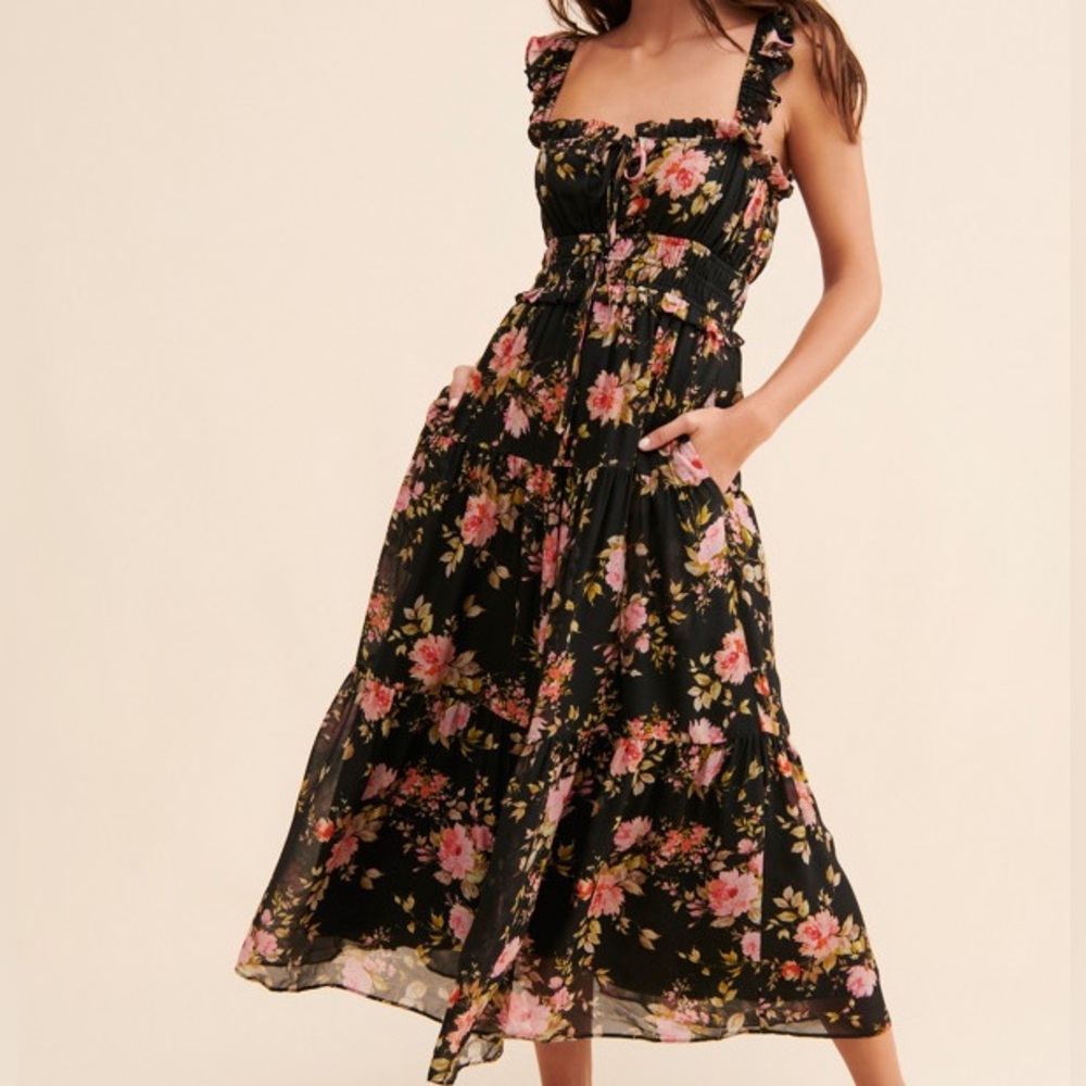 Yumi Kim Flirty Floral Black Libby Midi Dress
